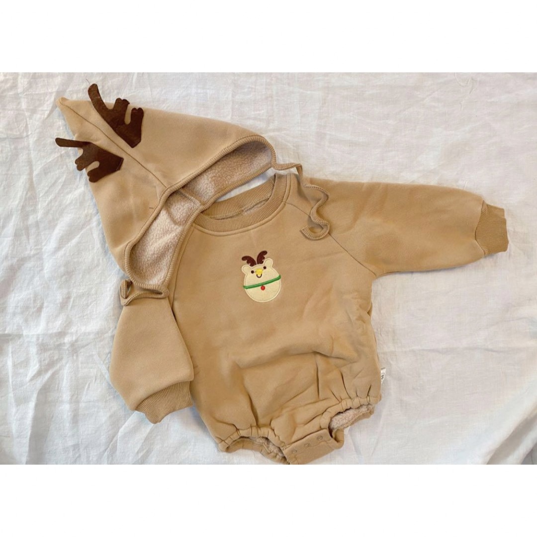 トナカイロンパース 帽子付き 裏起毛 90サイズ キッズ/ベビー/マタニティのキッズ服男の子用(90cm~)(その他)の商品写真