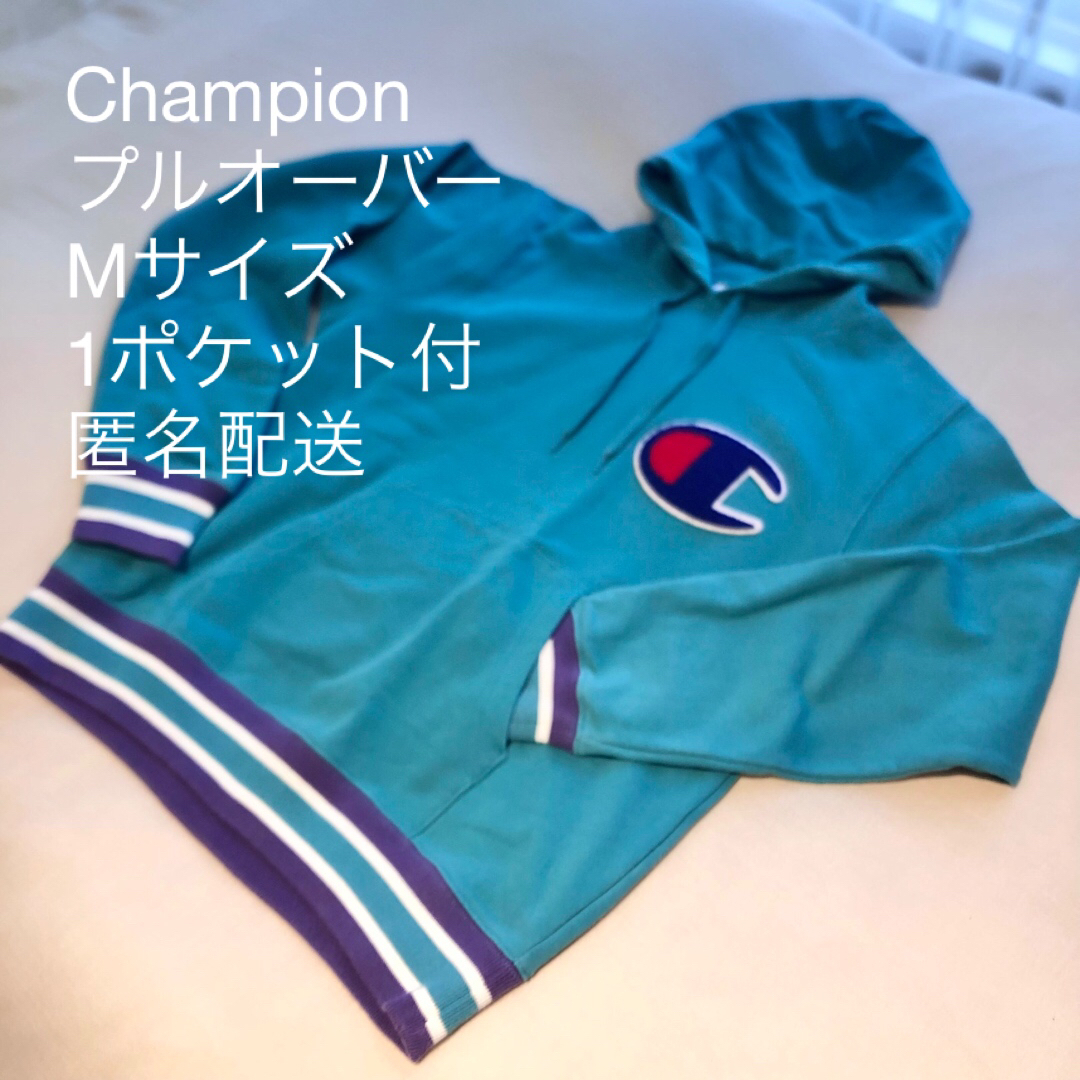 Champion(チャンピオン)のチャンピオン プルオーバー M 刺繍ビッグロゴ ブルー グリーン レディースのトップス(トレーナー/スウェット)の商品写真