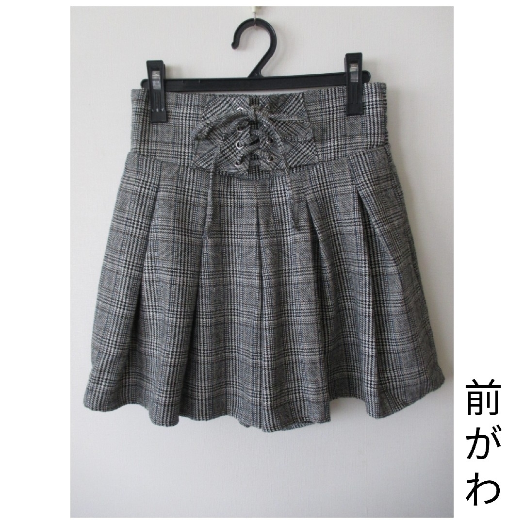 ﾌﾛﾝﾄ編み上げﾃﾞｻﾞｲﾝｷｭﾛｯﾄﾊﾟﾝﾂ☆ｸﾞﾚﾝﾁｪｯｸ☆黒☆Lｻｲｽﾞ レディースのパンツ(キュロット)の商品写真