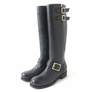 ジミーチュウ(JIMMY CHOO)の極美品☆JIMMY CHOO ジミーチュウ ロゴ金具付 シワ加工 レザー ロングブーツ/バイカーブーツ ブラック 36 1/2 レディース イタリア製(ブーツ)