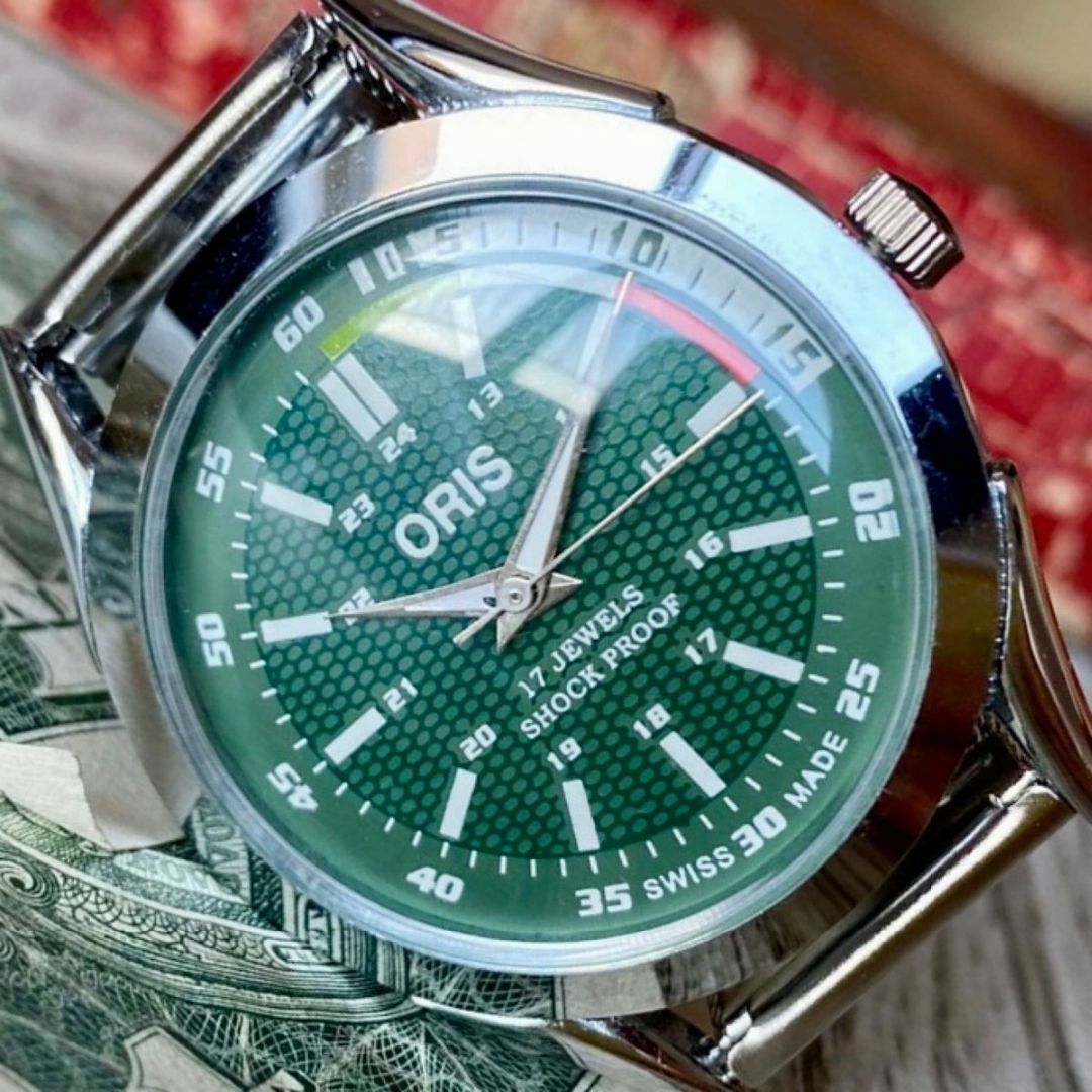 グリーンインデックス【個性的】オリス メンズ腕時計 グリーン シルバー 手巻き ヴィンテージ
