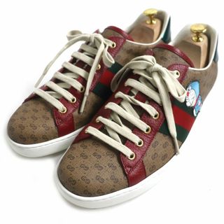 グッチ(Gucci)の美品▼GUCCI グッチ×ドラえもん 655021 GGシュプリーム ウェブ/シェリーライン レザー使い ローカット スニーカー ブラウン メンズ 伊製(スニーカー)