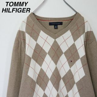 トミーヒルフィガー(TOMMY HILFIGER)の【アーガイル柄】トミーヒルフィガー／コットンニット　刺繍ロゴ　Ｌサイズ　ベージュ(ニット/セーター)