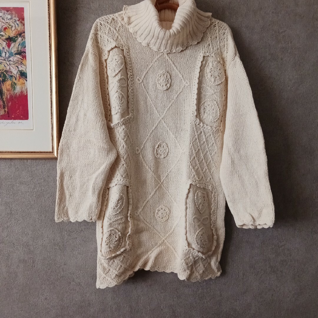 90'sヴィンテージ　コットンリネン　刺繍　タートルネック レディースのトップス(ニット/セーター)の商品写真