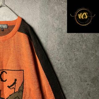 ニット　セーター　オレンジ　黒　ビッグロゴ　ワッペン刺繍　ビンテージ　韓国製(ニット/セーター)