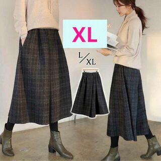 【XL】ガウチョパンツ　スカーチョ　チェック　 ウエストゴム　体型カバー　韓国(キュロット)