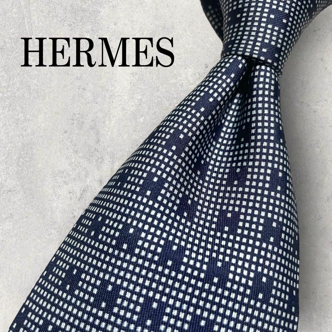 日本格安 美品 HERMES エルメス H柄 総柄 ネクタイ ネイビー 紺 