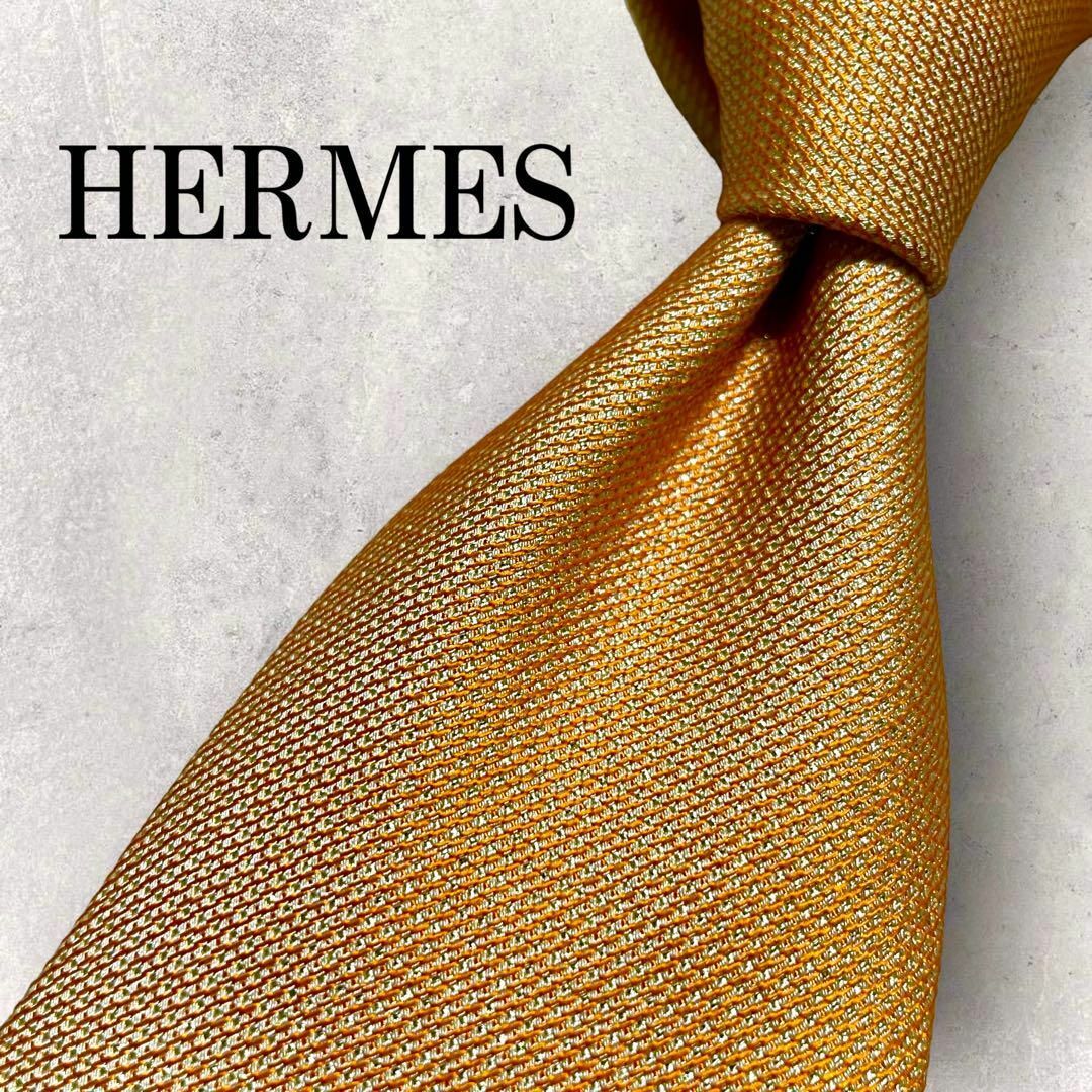 美品 HERMES エルメス ネクタイ オレンジ 無地 シルクジャガード 結婚