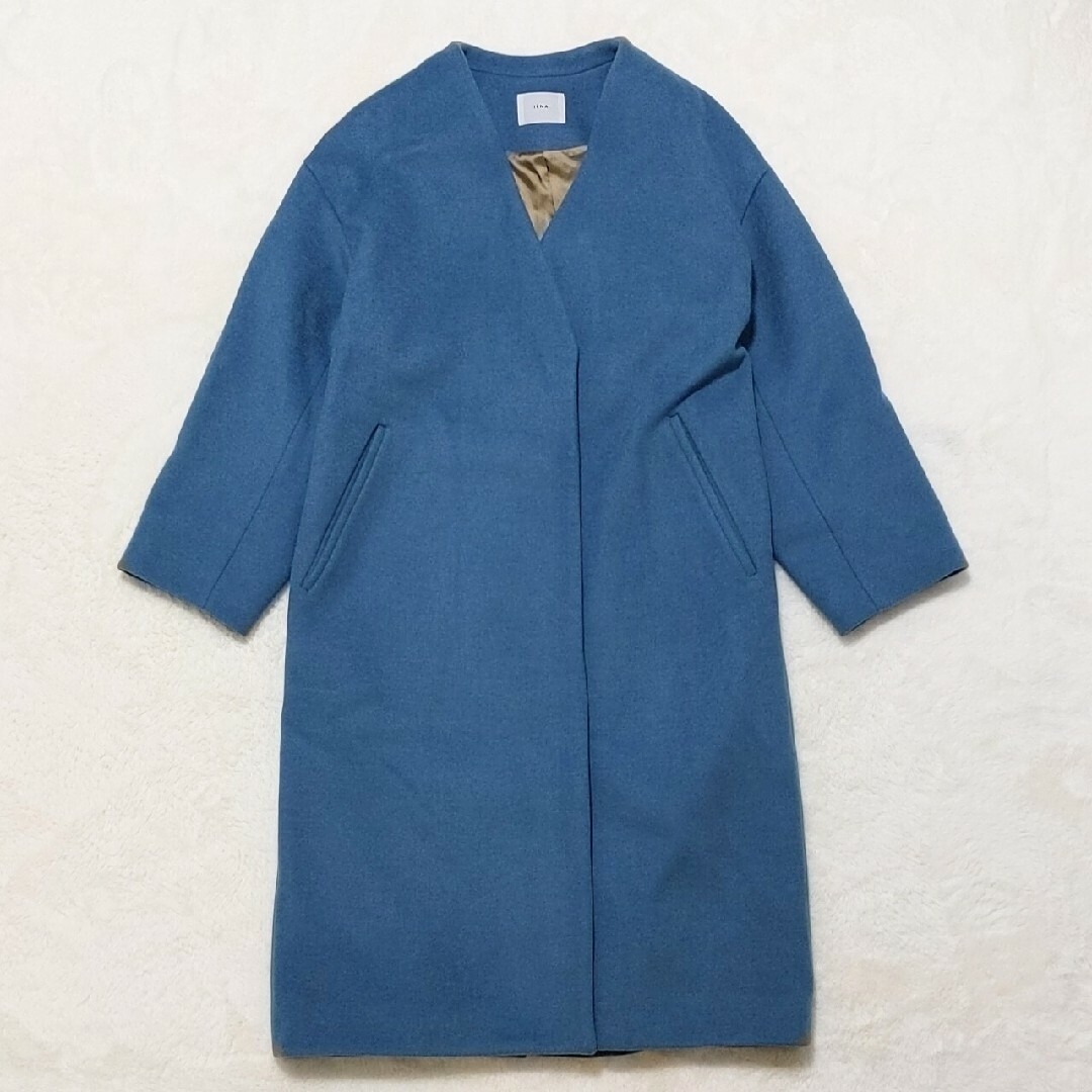 販売正規品 IENA MANTECO ノーカラー ウール ロング コート 青 水色 38