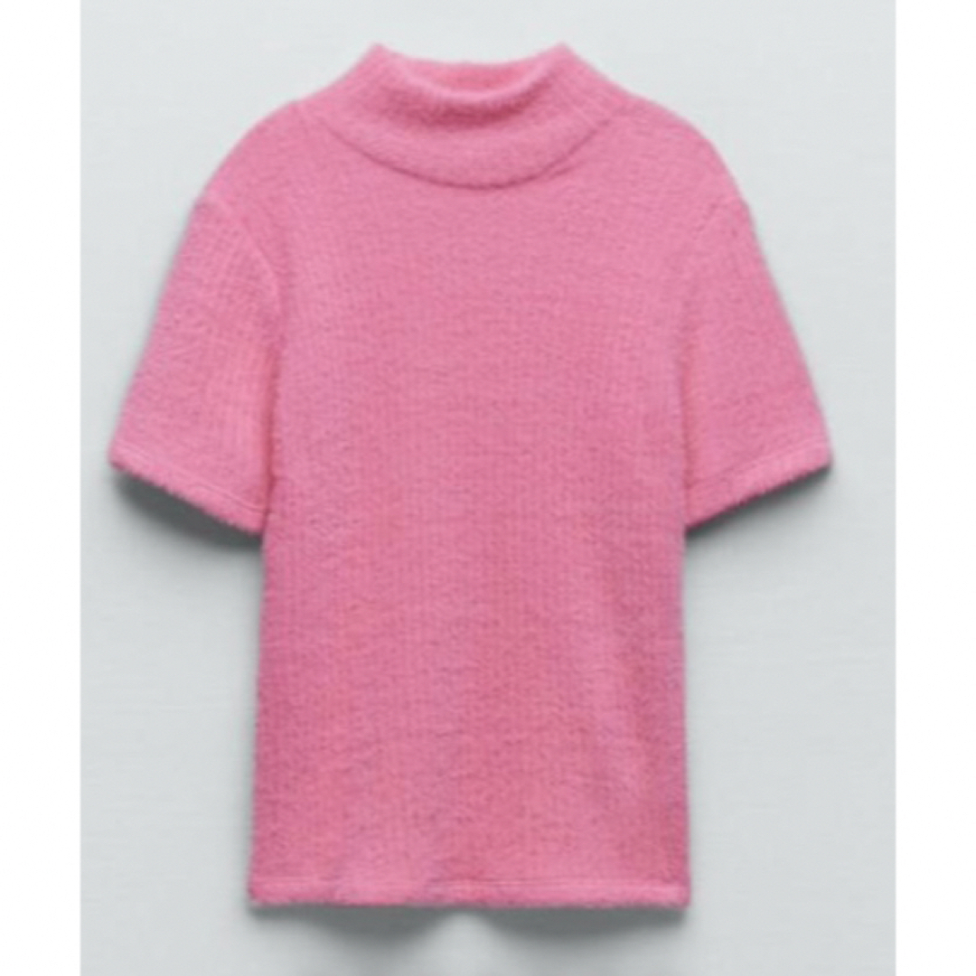 ZARA(ザラ)のZARA sleeve fuzzy sweater ピンク 半袖 フェザー レディースのトップス(ニット/セーター)の商品写真