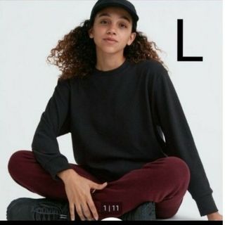 ユニクロ(UNIQLO)のユニクロ　ソフトニットフリースクルーネックT　L ブラック(カットソー(長袖/七分))