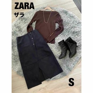 ザラ(ZARA)のZARA　ザラ　スエード　ペンシルスカート　タイトスカート　ネイビー　S　美品(ひざ丈スカート)