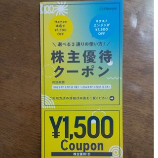 ハミィ(Hamee)のＨａｍｅｅ 株主優待クーポン  1500円分 2024.10.31まで(ショッピング)