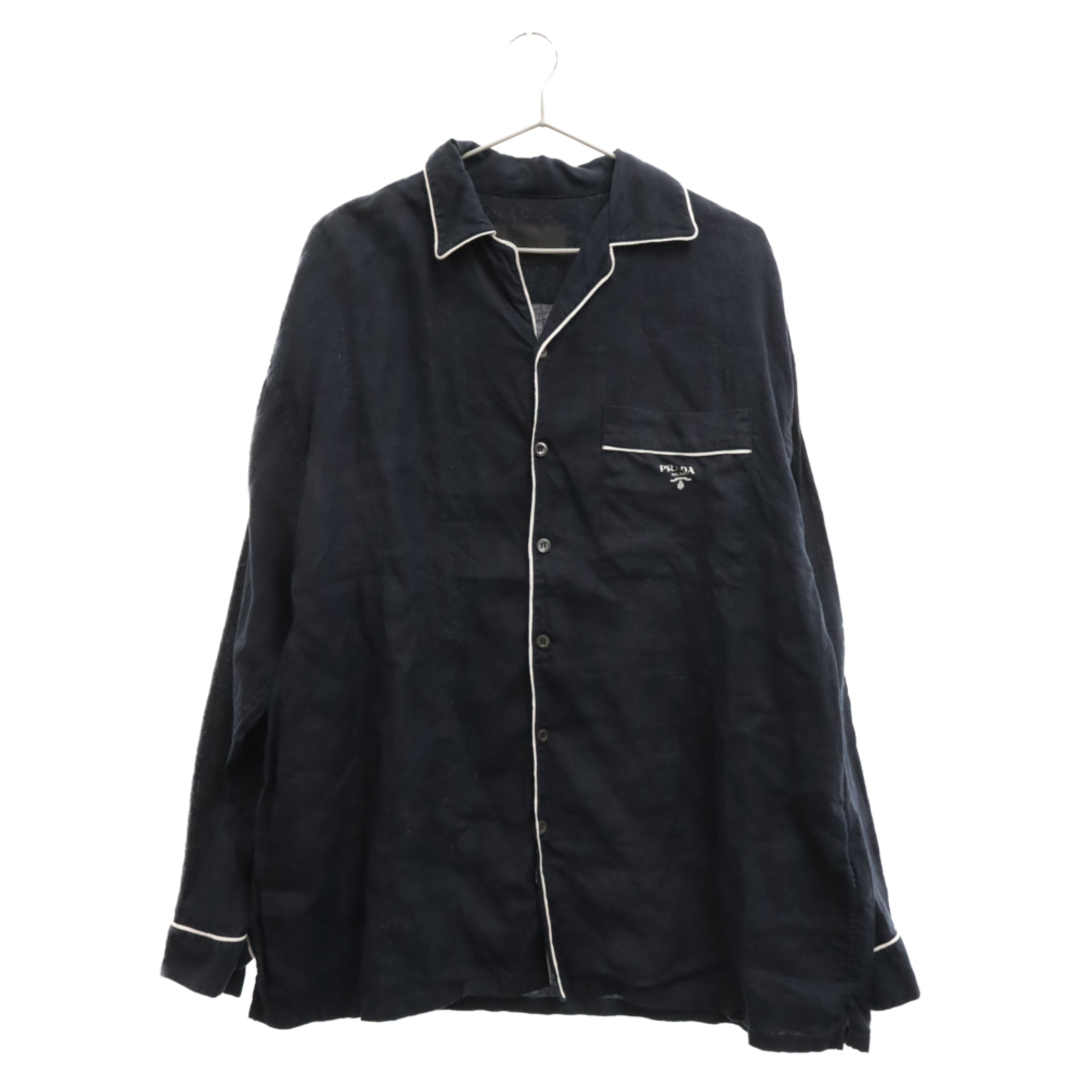 57センチ袖丈PRADA プラダ 22AW Linen shirt リネンパイピングパジャマ長袖シャツ SC607 S221 11T7 ネイビー