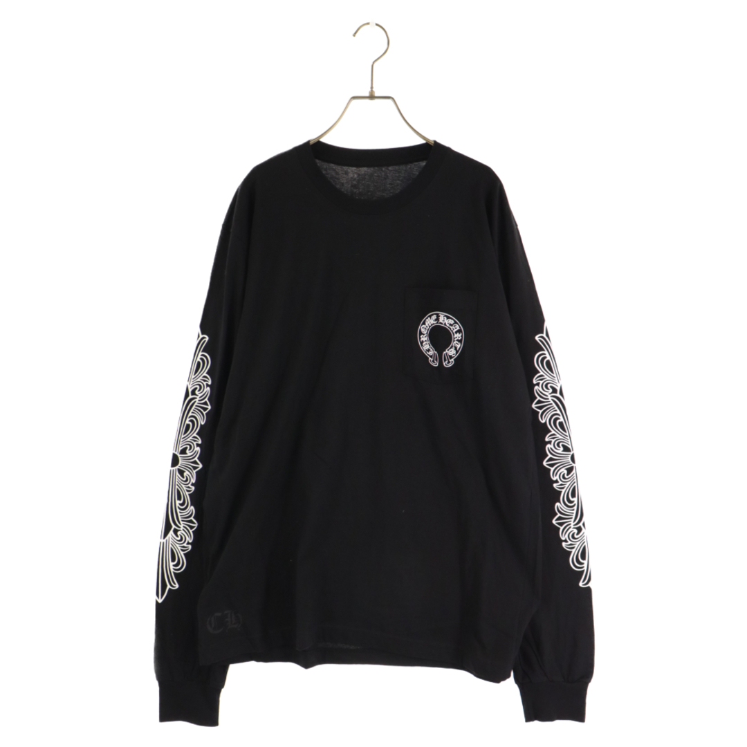 Chrome Hearts(クロムハーツ)のCHROME HEARTS クロムハーツ Horseshoe L/S Tee ホースシューロングスリーブTシャツ 長袖カットソー ロンT 長袖Tシャツ 袖フローラルクロスプリント ブラック メンズのトップス(Tシャツ/カットソー(七分/長袖))の商品写真