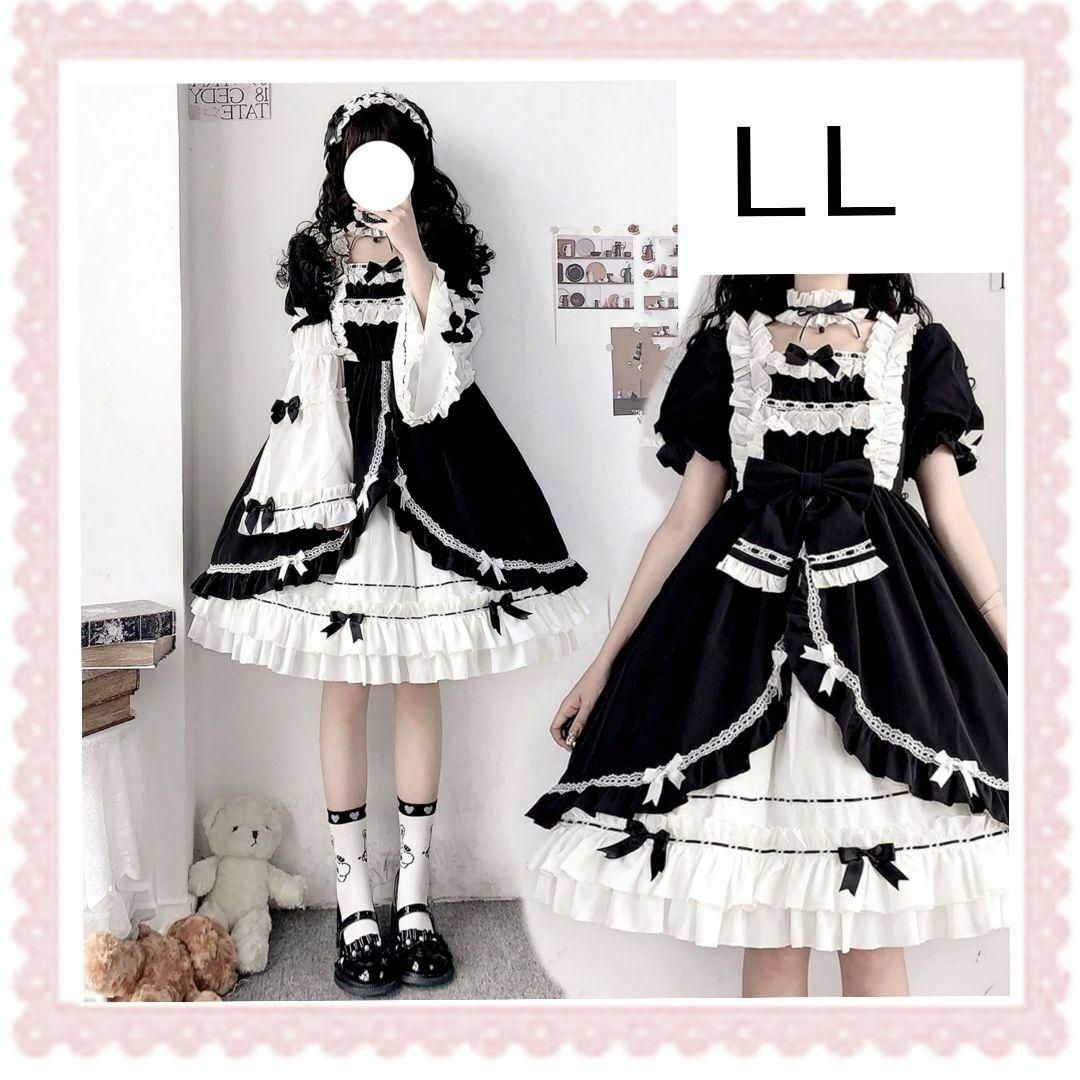 袖 2way フリルリボン ゴスロリワンピース ヘッド飾り付 LL 白黒 袖 2way フリルリボン ゴスロリワンピース ヘッド飾り付 LL 白黒