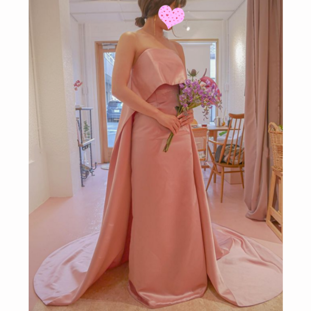 エレガント ウェディングドレス ピンク ベアトップ ロングトレーン 結婚式