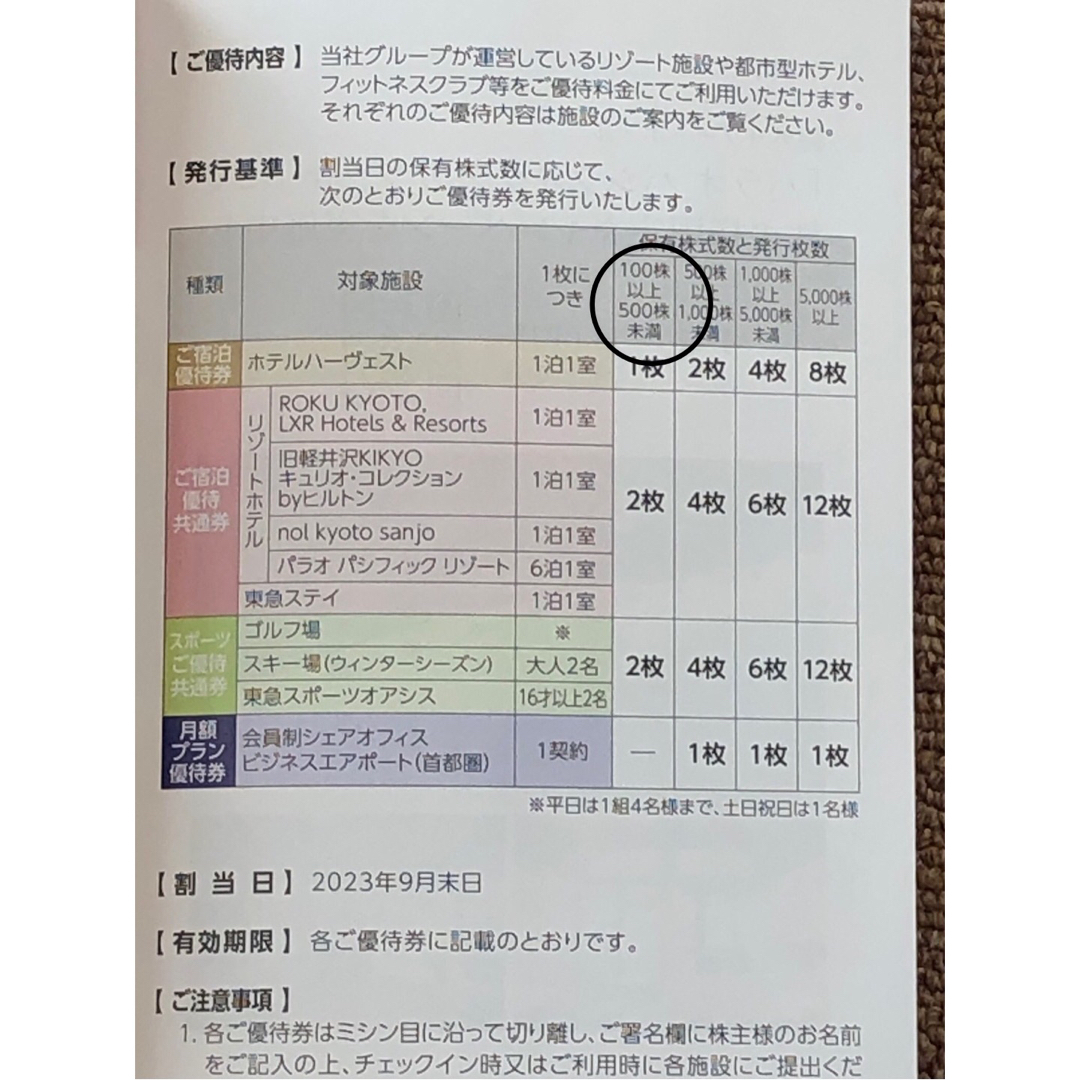 東急不動産100株優待　最新 チケットの優待券/割引券(宿泊券)の商品写真