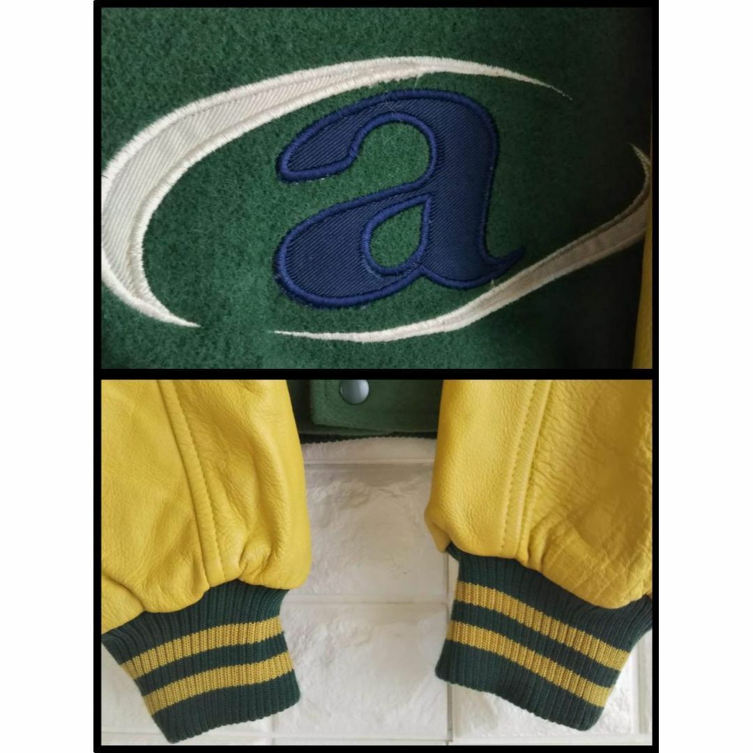 超希少90s スタジャン 袖革 ウール 両面刺繍 ワッペン 緑 本革 超希少90s スタジャン 袖革 ウール 両面刺繍 ワッペン 緑 本革
