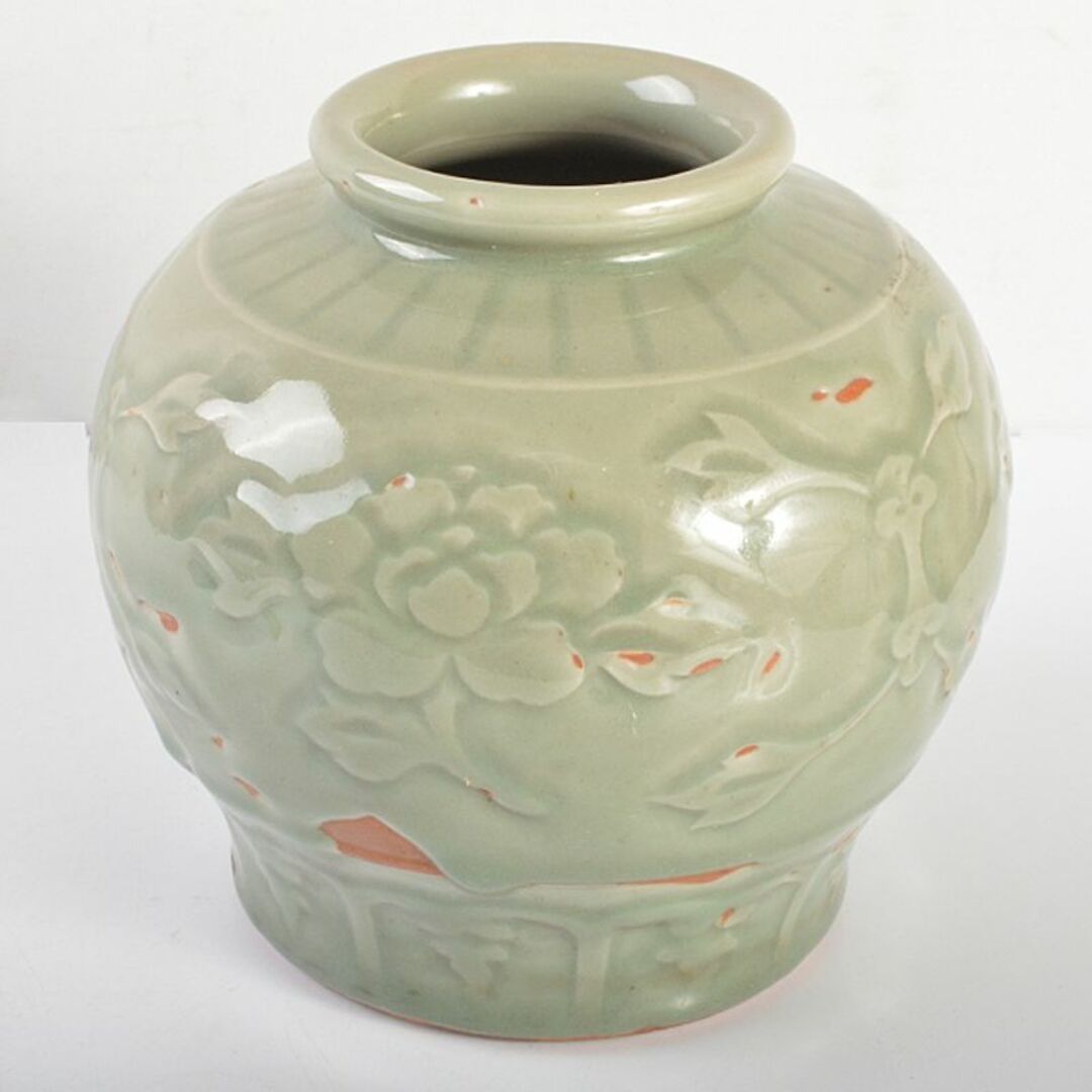 中国 龍泉窯 青磁 陽刻 花文 壷 C R6654 中国 龍泉窯 青磁 陽刻 花文 壷 C R6654