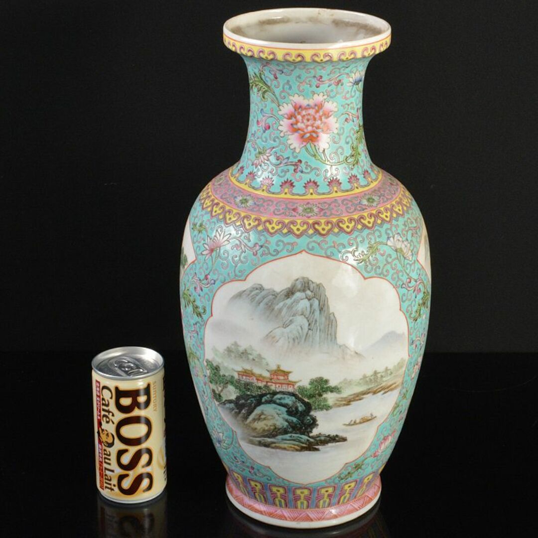 中国　中国景徳鎮製款　粉彩　花弁山水文盤口瓶　M　R6661B | フリマアプリ ラクマ