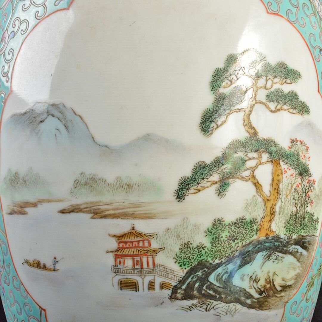 中国 中国景徳鎮製款 粉彩 花弁山水文盤口瓶 M R6661B 中国 中国景徳鎮製款 粉彩 花弁山水文盤口瓶 M R6661B
