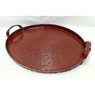 ・藍胎漆器　久留米　天然竹製亀甲取手付小判型お盆　48.5×38cm(テーブル用品)