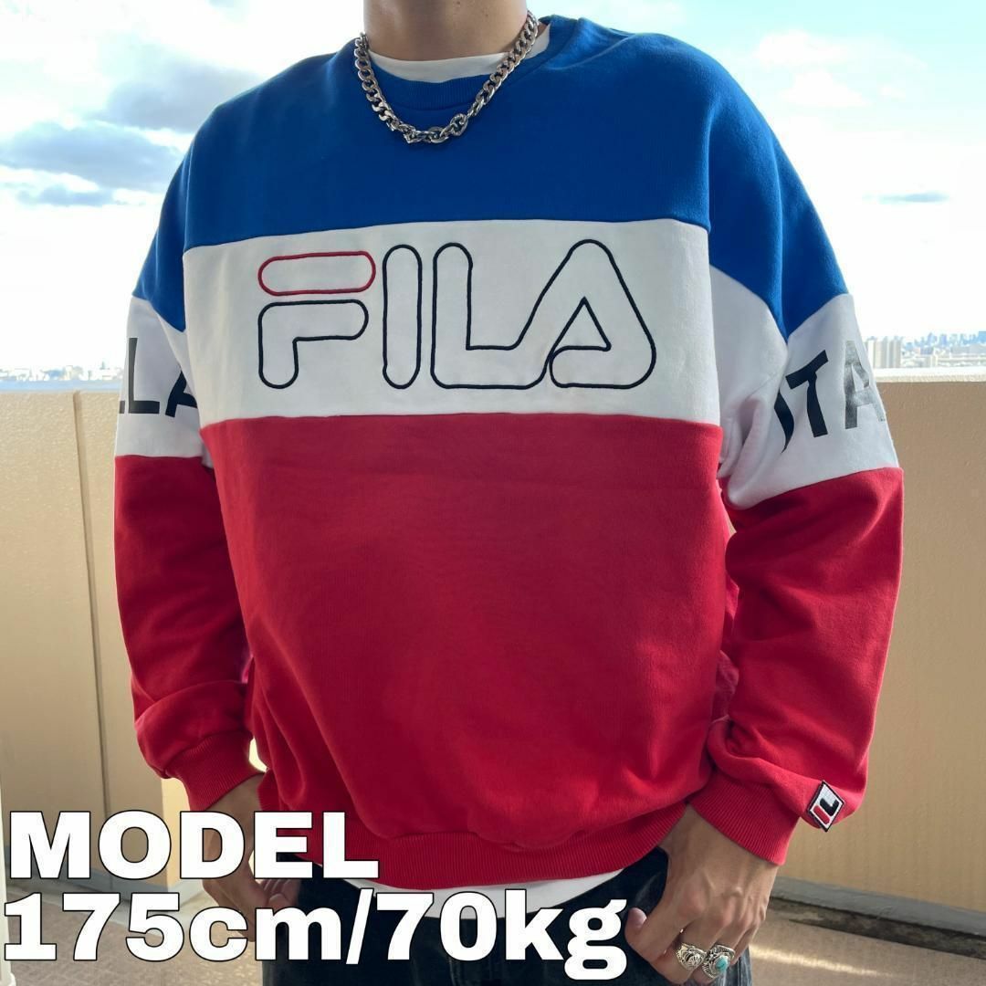 FILA フィラ スウェット ビッグロゴ刺繍 L ブルー ホワイト レッド 白古着屋fuufuスエット