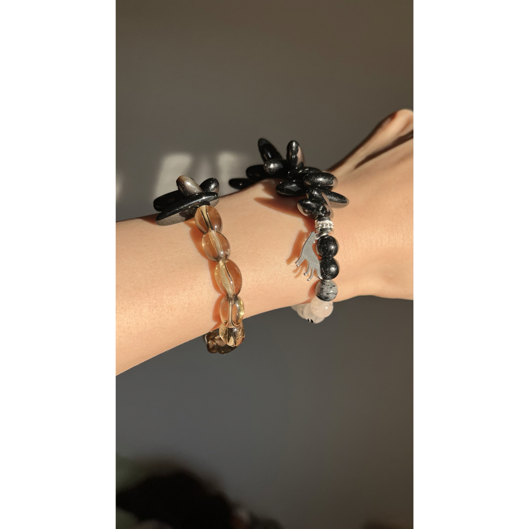 オニキス♡スモーキークォーツ♡ステンレスボール♡フレンチブルドッグチャーム ハンドメイドのアクセサリー(ブレスレット/バングル)の商品写真