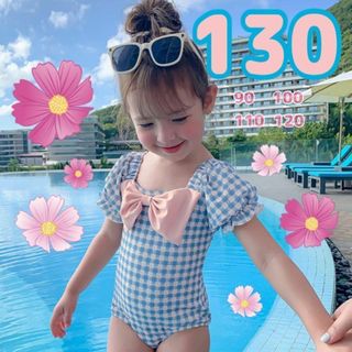 かわいい♡ピンクリボン チェック柄 ワンピース水着 帽子付 子供 女の子 130(水着)