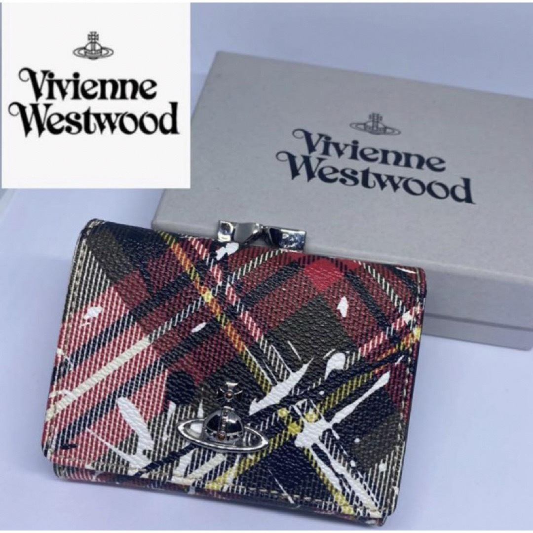 Vivienne Westwood(ヴィヴィアンウエストウッド)のVivienne ヴィヴィアン チェック 三つ折り がま口 財布 レッド 美品 レディースのファッション小物(財布)の商品写真