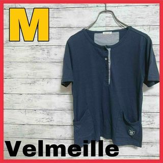 《Velmeille》tシャツ 古着 半袖《M》ストライプ ヘンリーネック(Tシャツ(半袖/袖なし))