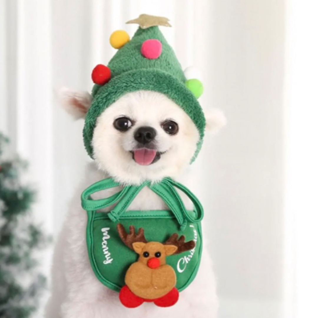 ペット服 クリスマスコスチューム 犬  ツリー帽子 帽子 サンタスタイ 犬猫 ハンドメイドのペット(ペット服/アクセサリー)の商品写真