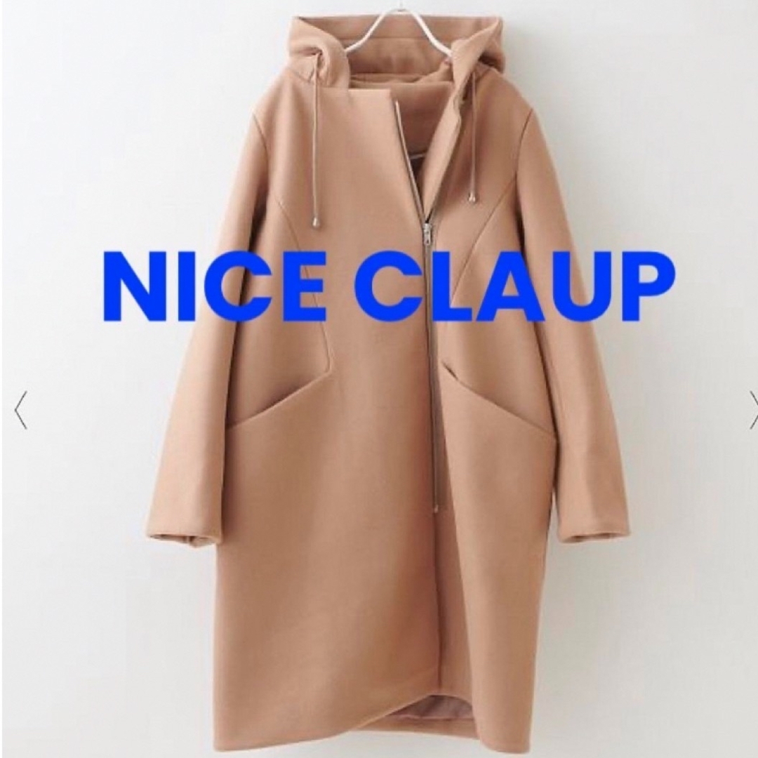 NICE CLAUP(ナイスクラップ)のNICE CLAUP ナイスクラップ　フェイクウールフードコート　キャメル　 レディースのジャケット/アウター(ロングコート)の商品写真