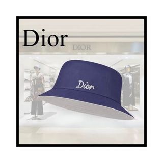 ディオール(Dior)のDIOR バケットハットロゴ刺しゅうブルーコットン キャンバス 刺しゅう 人気 (ハット)