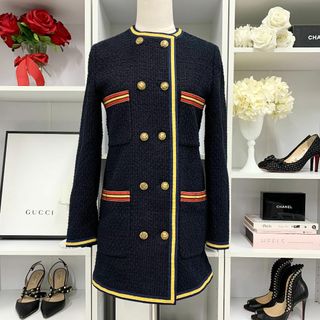 グッチ(Gucci)の8479 グッチ コート アウター タイガーボタン ツイード ブラック(ノーカラージャケット)