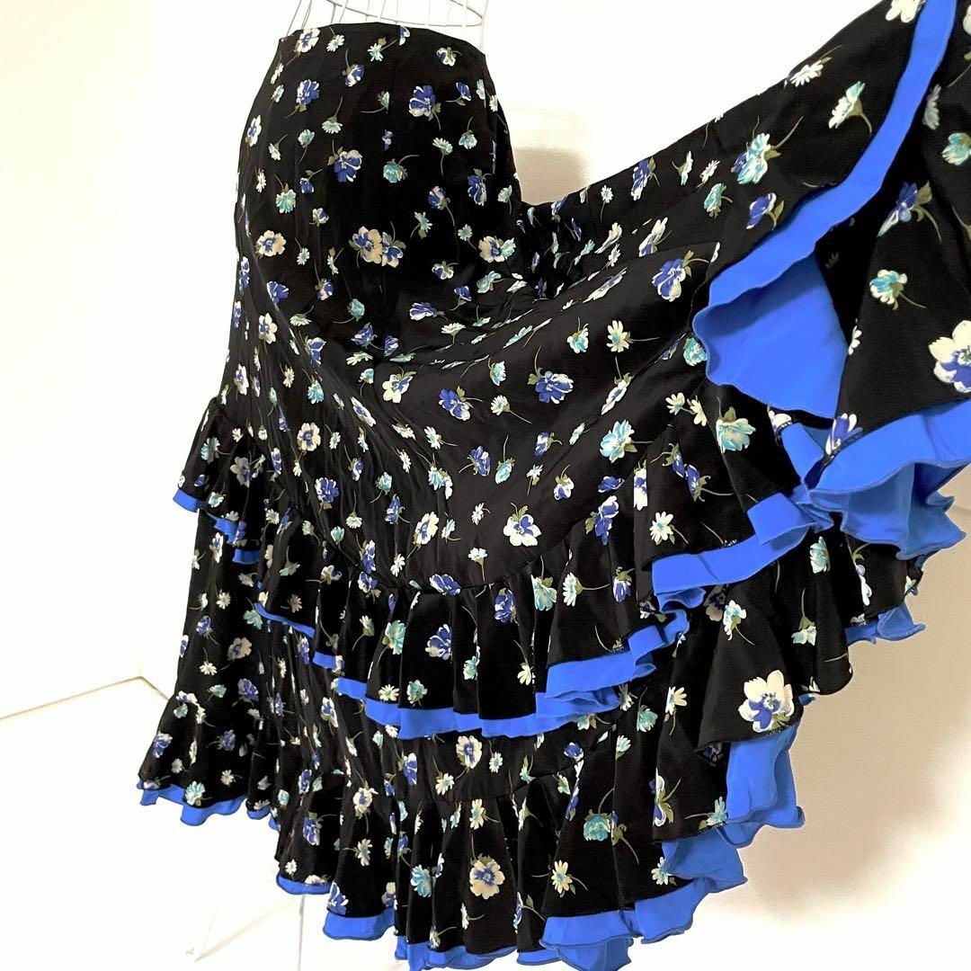 【新品 未使用品】フラメンコ衣装 Tierra ファルダ 花柄 青 斜めフリル
