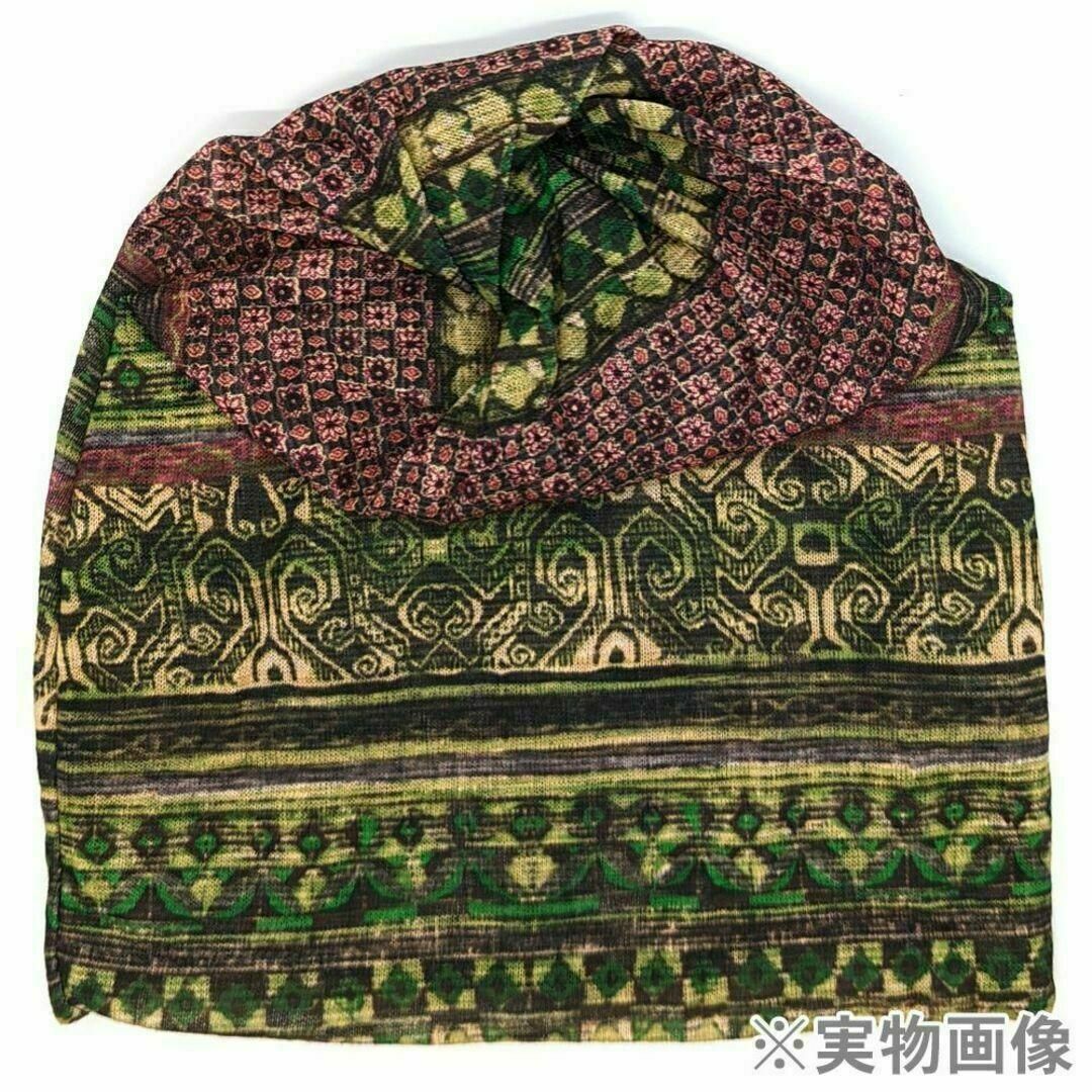 3way 緑色 エスニック ターバン ヘアバンダナ 帽子 ネックウォーマー レディースの帽子(ニット帽/ビーニー)の商品写真