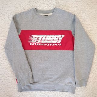 ステューシー(STUSSY)の良品 STUSSY ロゴプリント バイカラー ナイロン切り替え グレー サイズM(スウェット)