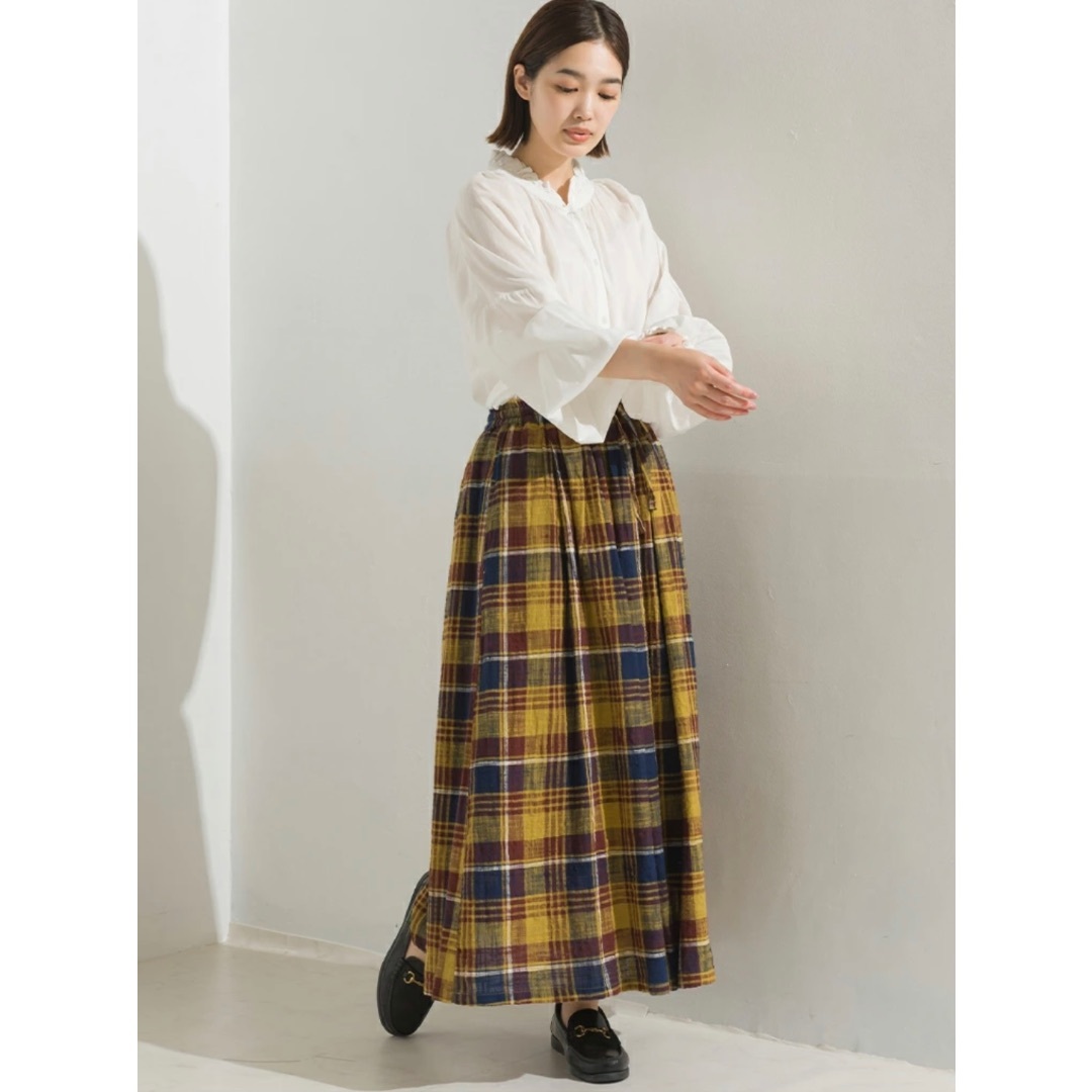 OMNES(オムネス)のコットン100％タータンチェック柄ロングスカート  ウエストゴム  綿100％ レディースのスカート(ロングスカート)の商品写真