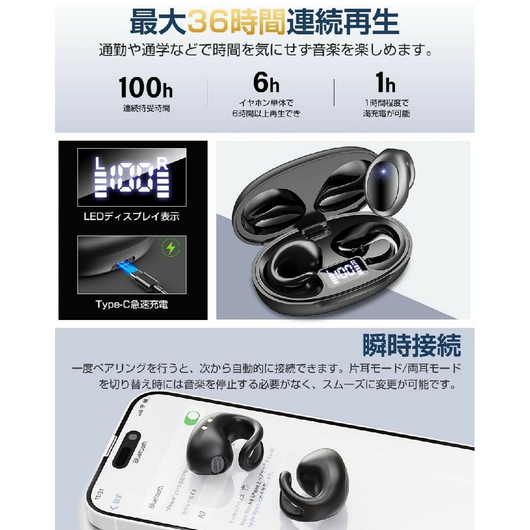 ワイヤレスイヤホン　Bluetooth5.3 Bluetoothイヤホン　黒 スマホ/家電/カメラのオーディオ機器(ヘッドフォン/イヤフォン)の商品写真