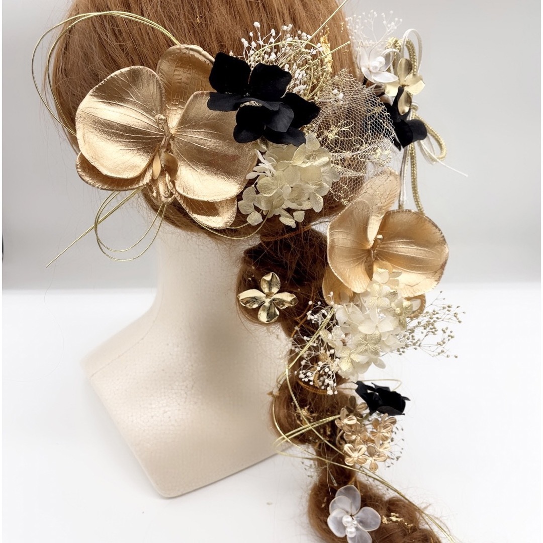 和装髪飾り　ヘッドドレス　水引×金箔　ゴールド　ブラック ハンドメイドのウェディング(ヘッドドレス/ドレス)の商品写真