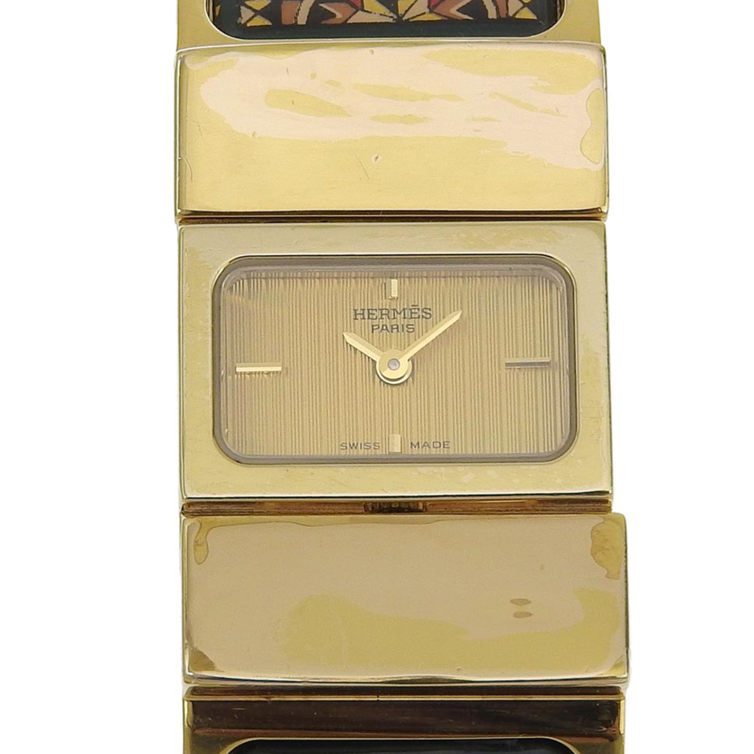 【HERMES】エルメス ロケ 七宝焼き LO1.201 金メッキ 緑 クオーツ アナログ表示 レディース ゴールド文字盤 腕時計微細キズありベルト