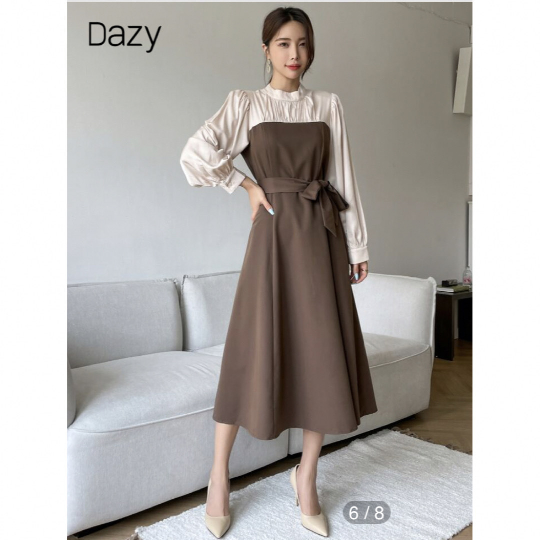 【お値下げ中】DAZY ツートーン パフスリーブ ドレス ベルトつき SHEIN レディースのワンピース(ロングワンピース/マキシワンピース)の商品写真