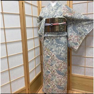 ［8025］訪問着 美品 型染 地紙吉祥流水花文様 逸品 正絹 着物 袷