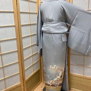 ［8028］色留袖 美品 飛鶴花文様 駒刺繍 金彩 一つ紋 正絹 着物 袷