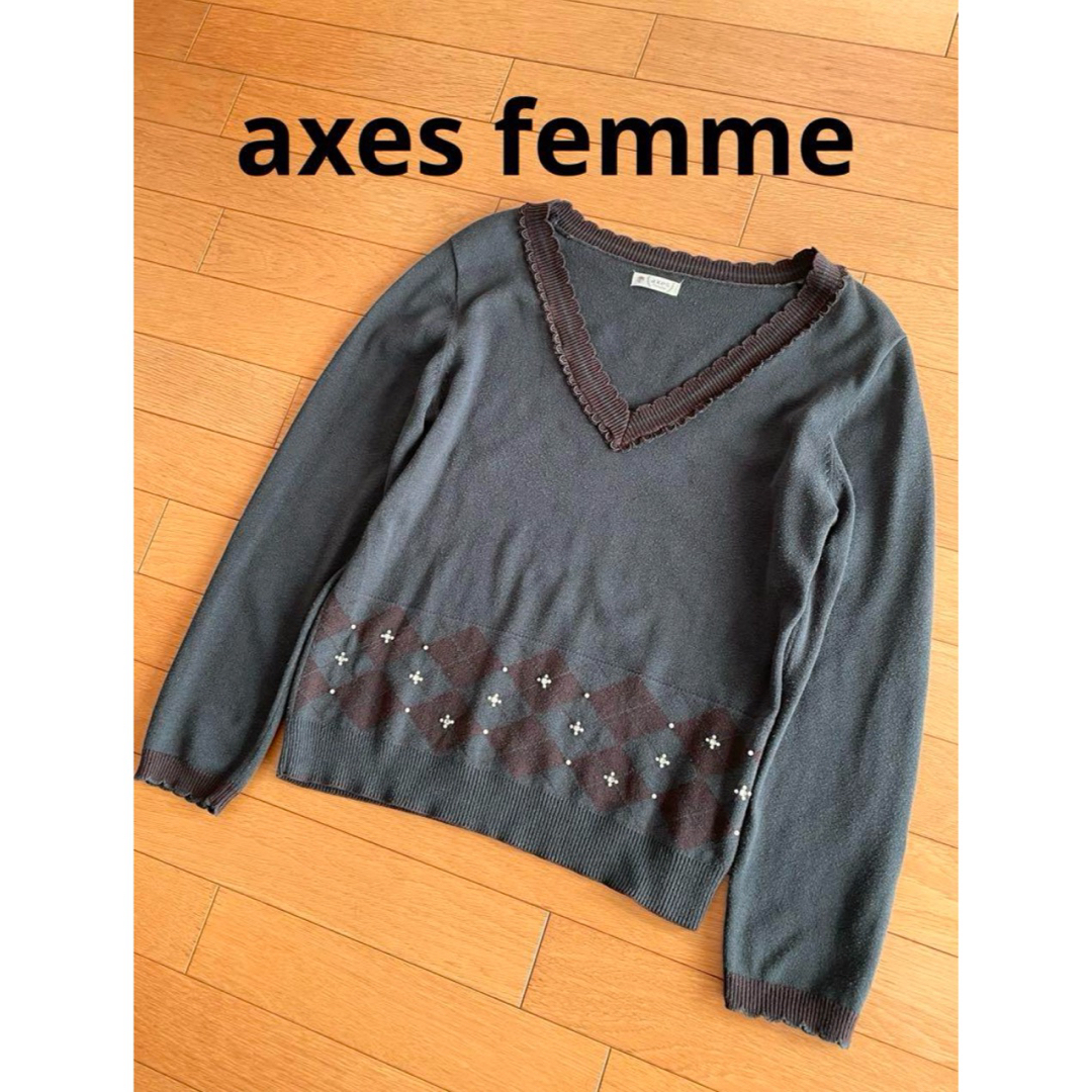 axes femme(アクシーズファム)のaxes femme ＶネックアーガイルニットＰO 深緑×焦げ茶 ビーズ付き M レディースのトップス(ニット/セーター)の商品写真