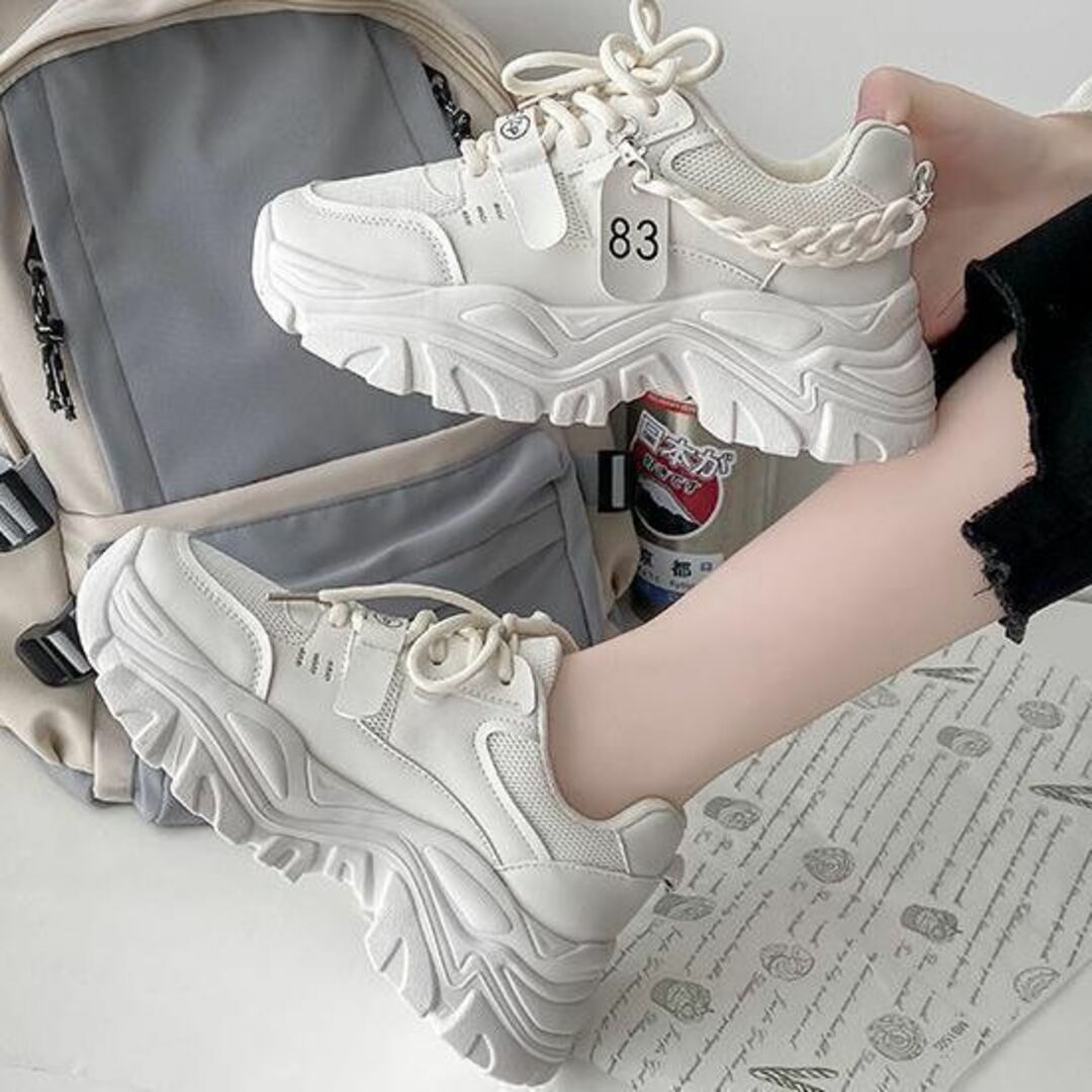 25cm厚底ダッドシューズスニーカーホワイトレディース盛れる靴チャンキソール レディースの靴/シューズ(スニーカー)の商品写真