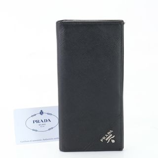 プラダ(PRADA)の新品同様 プラダ ギャランティカード付 サフィアーノ レザー 長財布 本革 ロゴ 二つ折り ブラック 黒 定番 メンズ ENM F4-9(長財布)