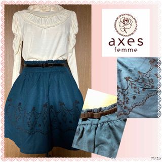 アクシーズファム(axes femme)のアクシーズファム★良品★ベロアリボン★薔薇フロッキー★フレアスカート(ひざ丈スカート)